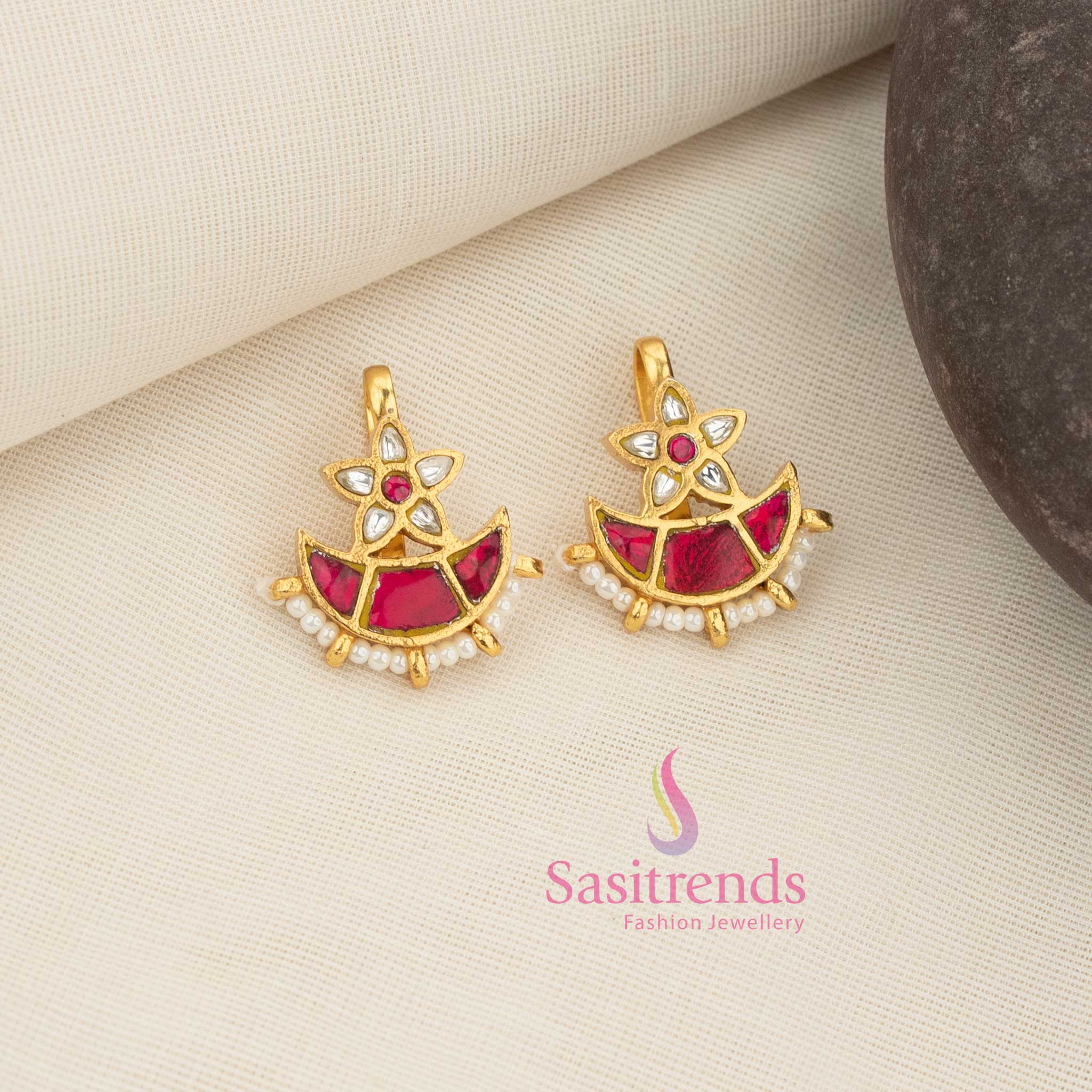 Opulent white-ruby 24K Jadau Kundan floral half moon bugadi earcuff earrings with royal pearl accents, ideal for wedding rituals, auspicious celebrations, and richly traditional attire - Sasitrends