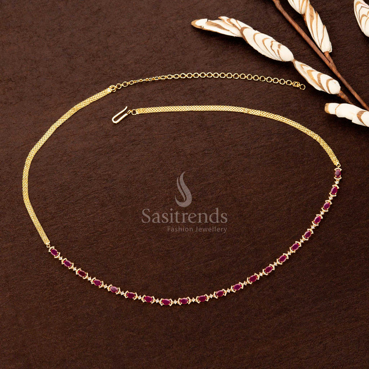 Radiant white and ruby American diamond hip belt with a glittering stonework pattern, intricate gold polish, and a sophisticated finish—perfect for weddings, special occasions, and ethnic fashion - Sasitrends