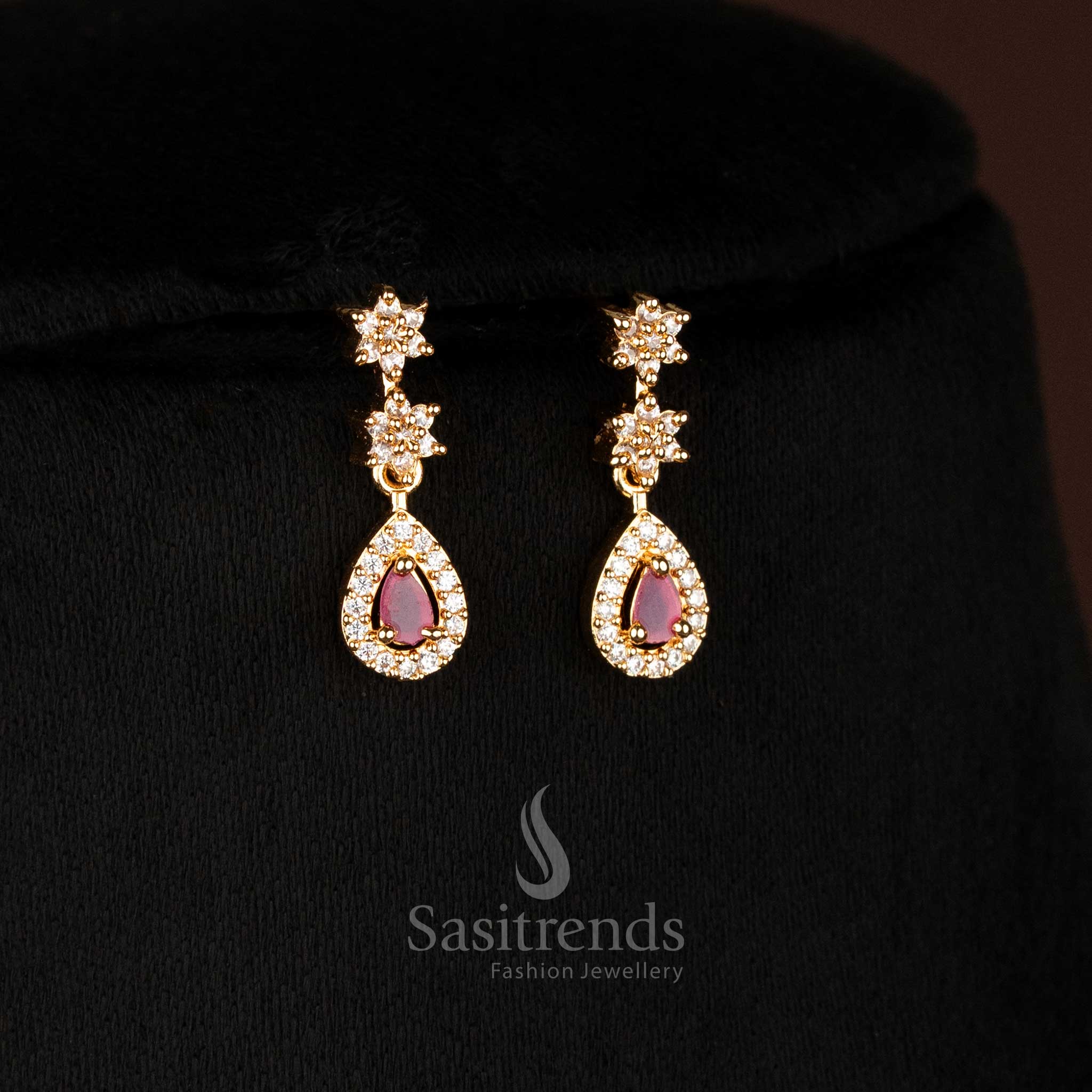 Regal White-Ruby Micro Gold Plated American Diamond Teardrop Floral Earrings, Ideal for Grand Wedding and Celebration Jewellery Looks – Sasitrends