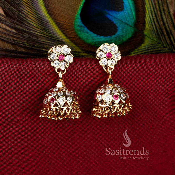 White ruby floral stud jhumka earrings with 24k inspired glow micro gold plated elegance – Sasitrends