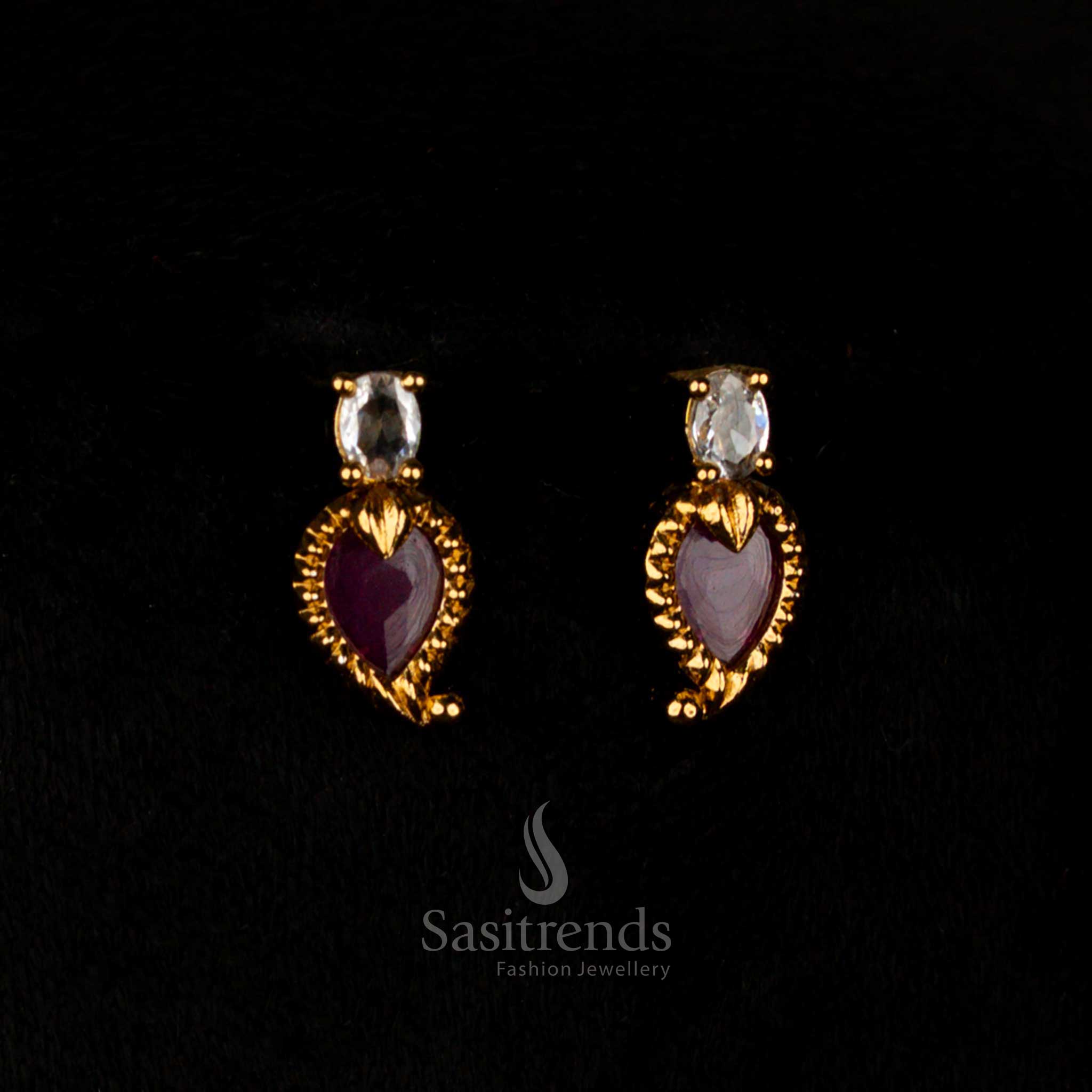 Pure Grace Matte Gold Plated Palakka Mango Round AD Stud Earrings in White-Ruby Colour, Perfect for Wedding Wear - Sasitrends
