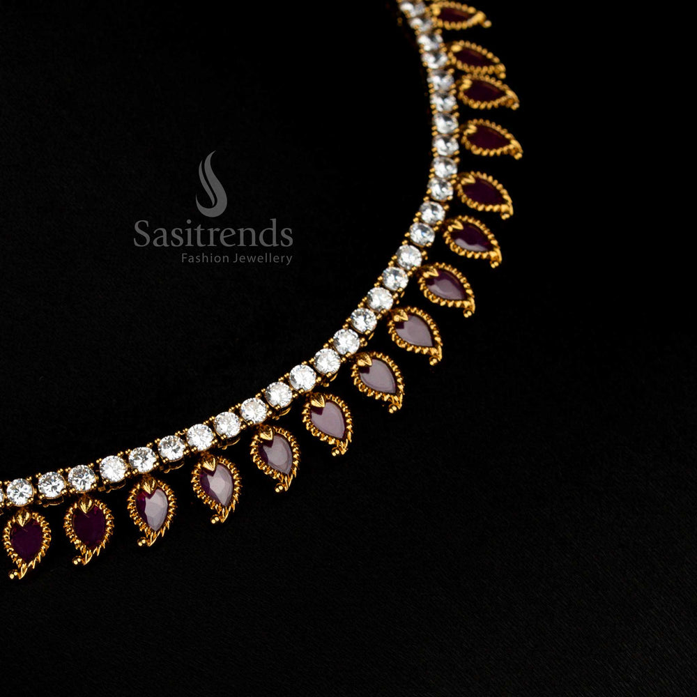 Elegant White-Ruby Traditional Matte Gold Plated Palakka Mango AD Stone Short Necklace with Temple Inspired Craft for Classic Bridal Festive Wear – Sasitrends
