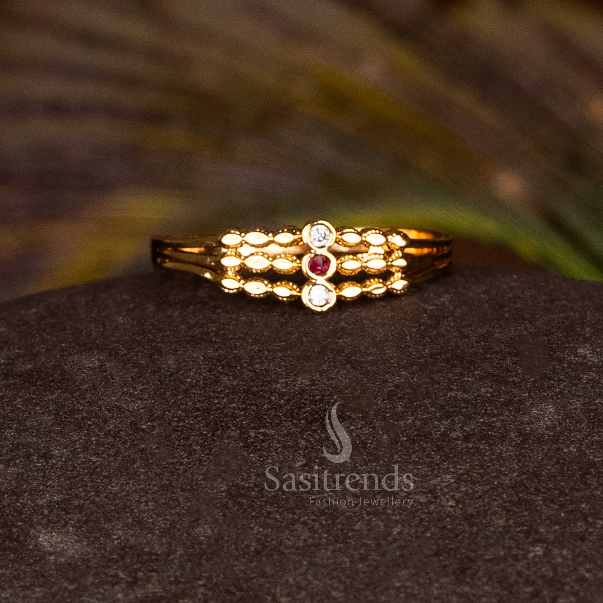 Luminous White-Ruby One Gram Micro Gold Plated AD 3 Step Ring, a statement piece for celebratory traditional and festive jewellery occasions – Sasitrends