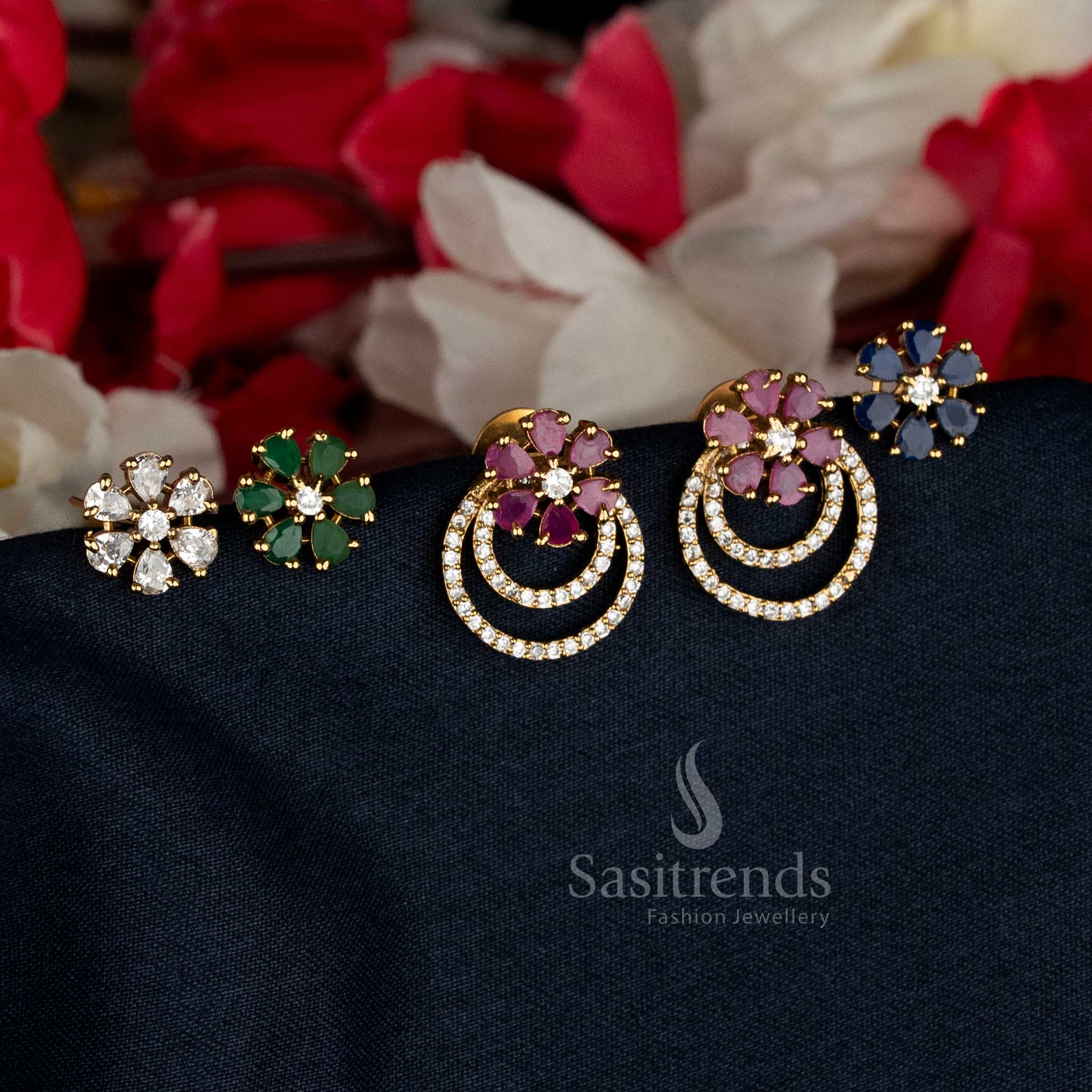 Elegant white-ruby crescent floral changeable stone AD earrings in matte gold plating for graceful party charm – Sasitrends