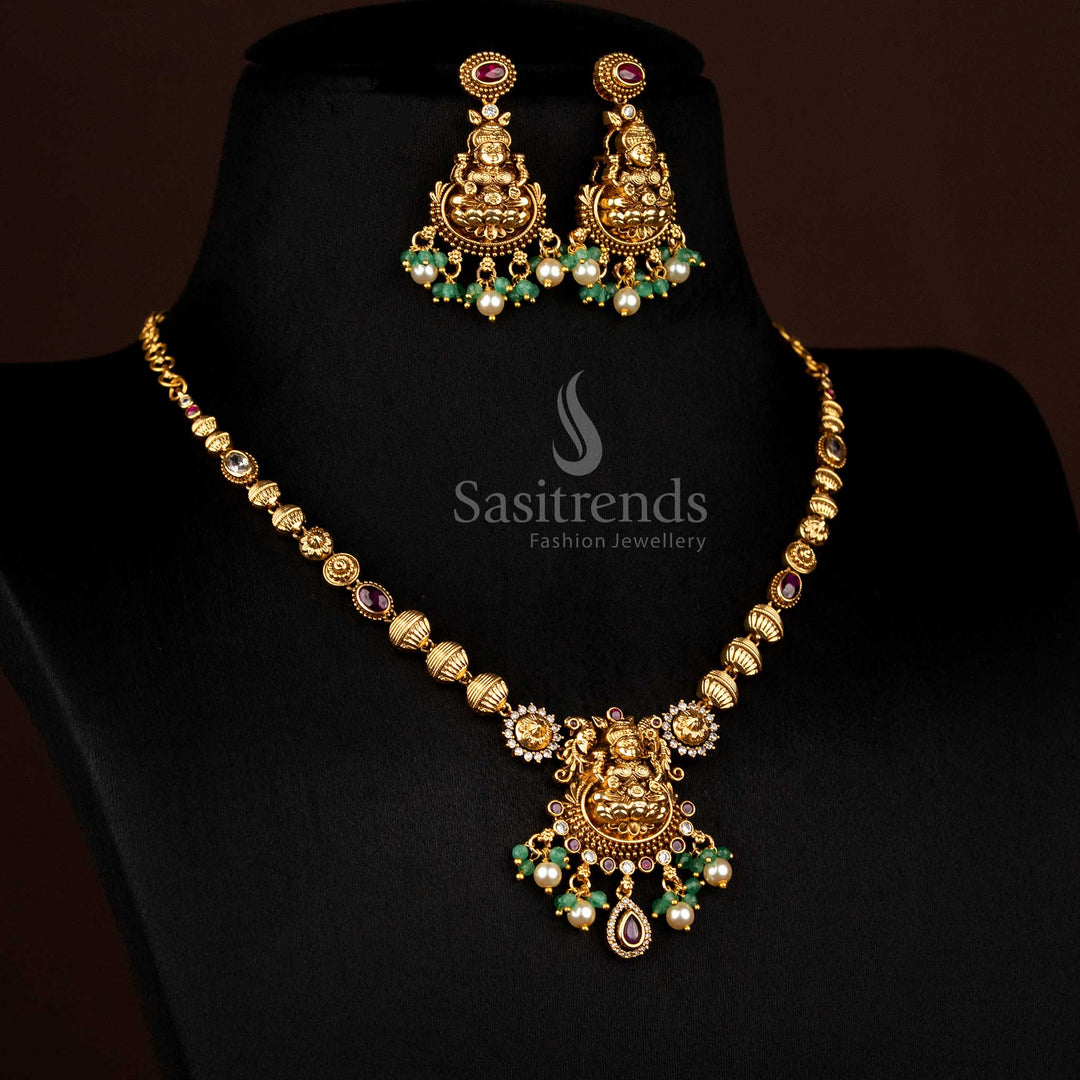 Serene white-ruby matte gold plated premium lotus Lakshmi necklace with pearl drops, designed to wear for traditional celebrations and temple visits – Sasitrends