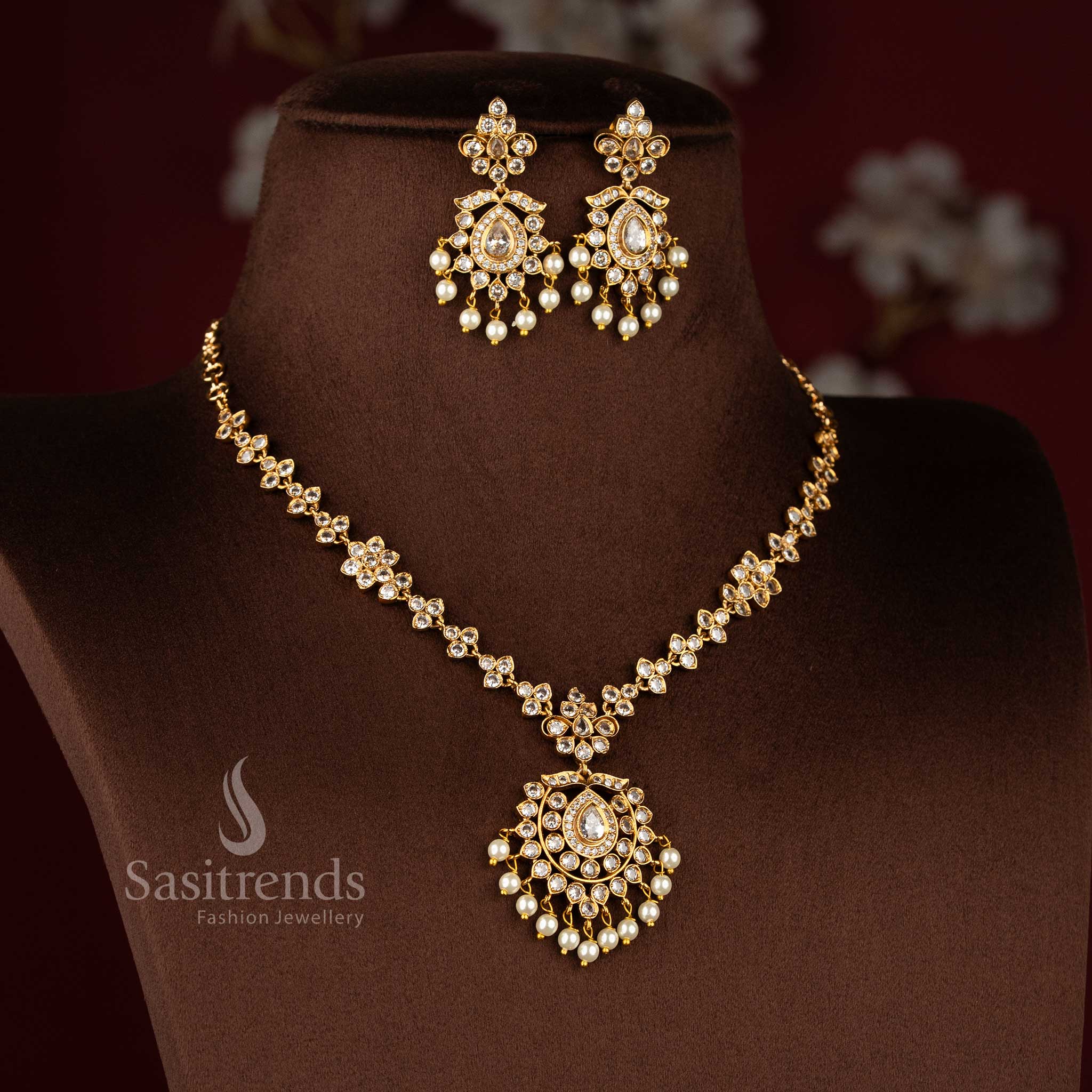 Charming white traditional floral AD necklace jewellery set, perfect accessory for cultural celebrations - Sasitrends