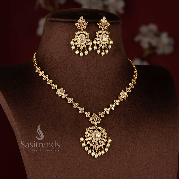 Charming white traditional floral AD necklace jewellery set, perfect accessory for cultural celebrations - Sasitrends