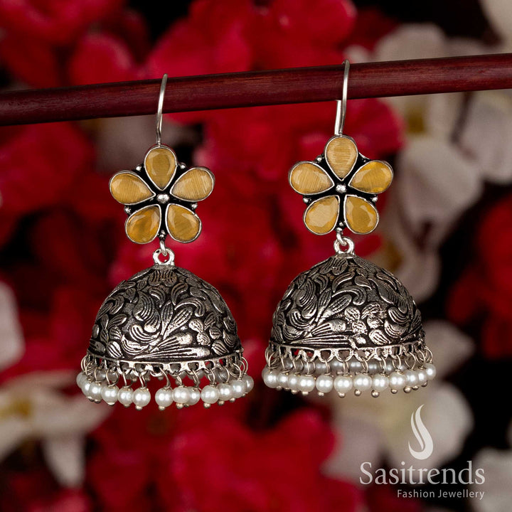 Stunning Yellow Party Oxidised Ethnic Jhumka Earrings with Pearl Drops Featuring Fish-Hook Closure for Black Saree Navaratri Looks-Sasitrends