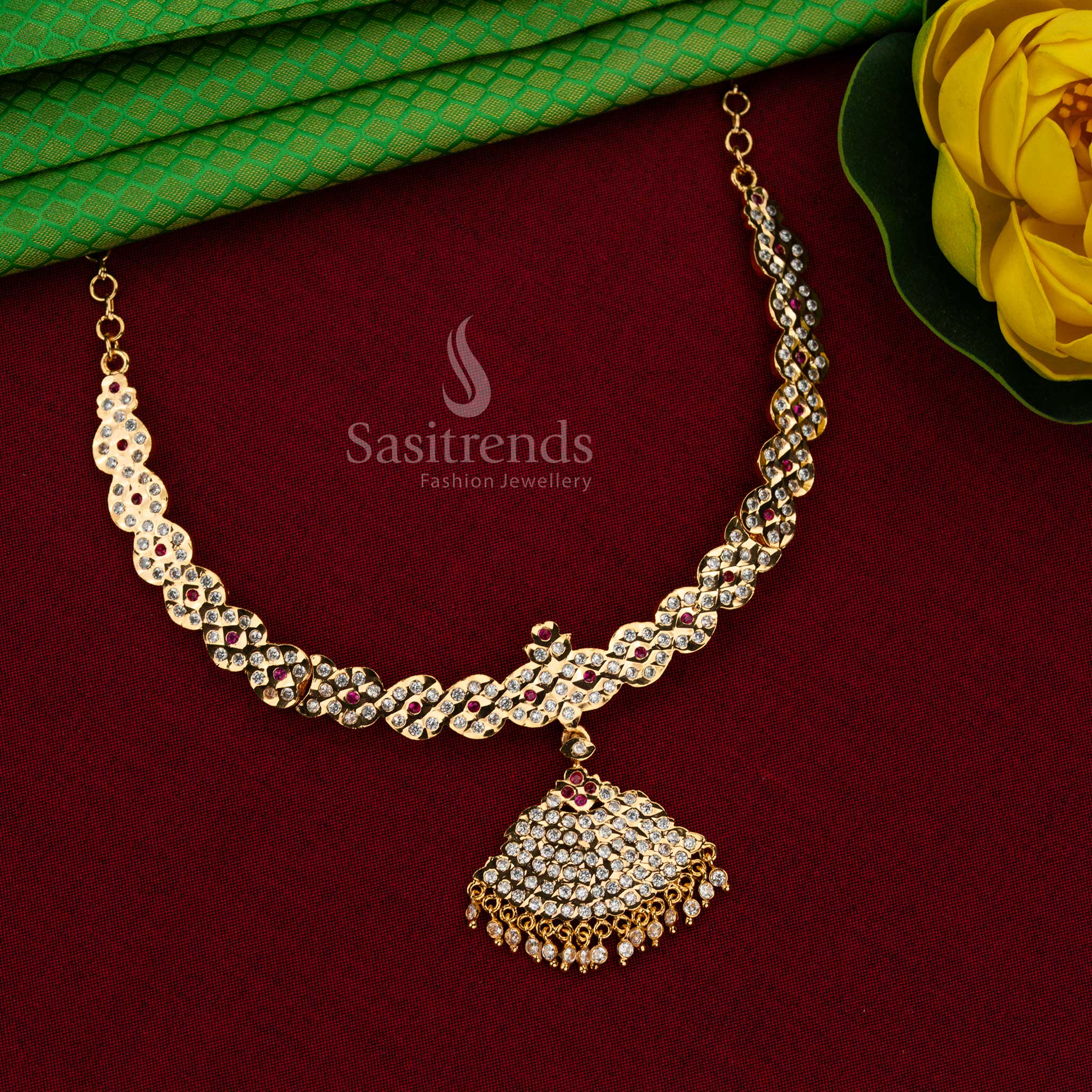 Celestial elegance impon micro gold plated attigai pendant necklace white ruby in guaranteed finish for bridal sarees and festive moments – Sasitrends