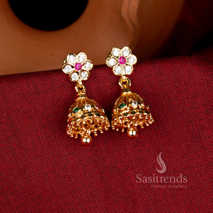 Magnificent impon micro gold plated bloom jhumka dome earrings with colourful bead hangings ideal for family functions and traditional gatherings – Sasitrends