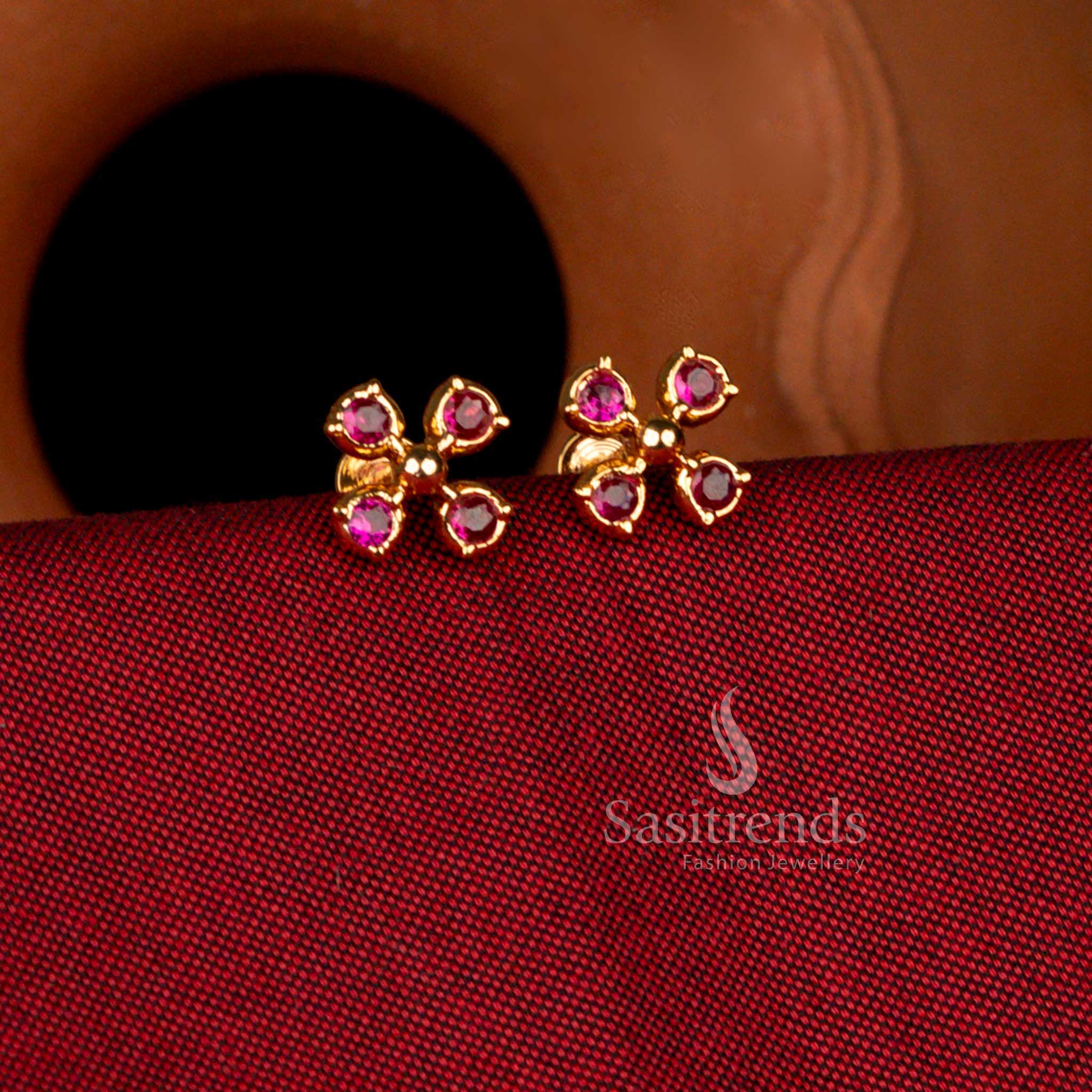 Elegant Premium Impon 24K micro gold plated petal cluster AD stone stud earrings in ruby brilliance ideal for traditional ceremonies and parties – Sasitrends
