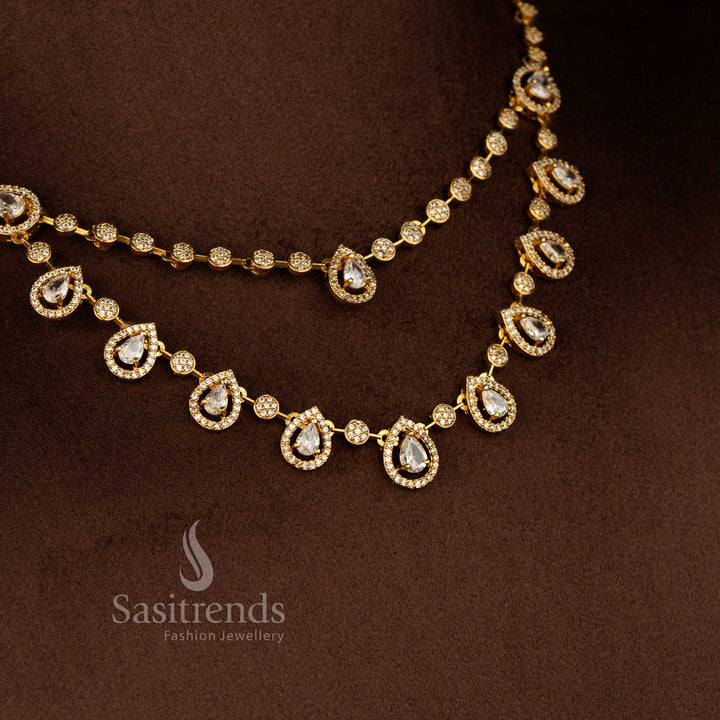 Elegant two line matte gold plated floral necklace with sparkling American diamonds in white ideal for bridal attire and grand festive occasions – Sasitrends