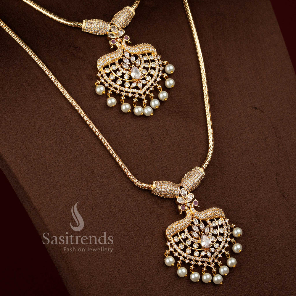 Graceful micro gold peacock flexible short and long combo necklace in white brilliance ideal for receptions and celebrations – Sasitrends