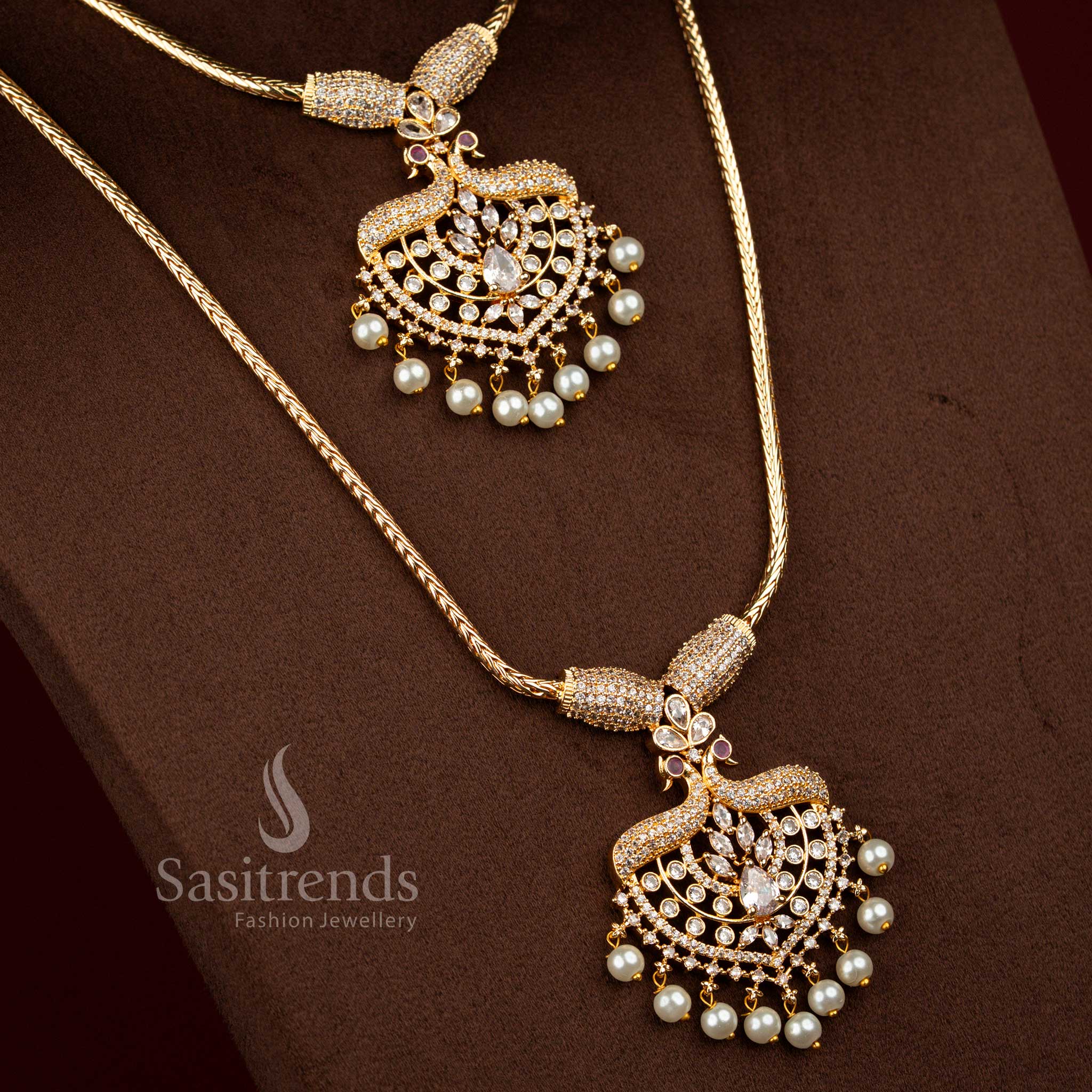 Graceful micro gold peacock flexible short and long combo necklace in white brilliance ideal for receptions and celebrations – Sasitrends