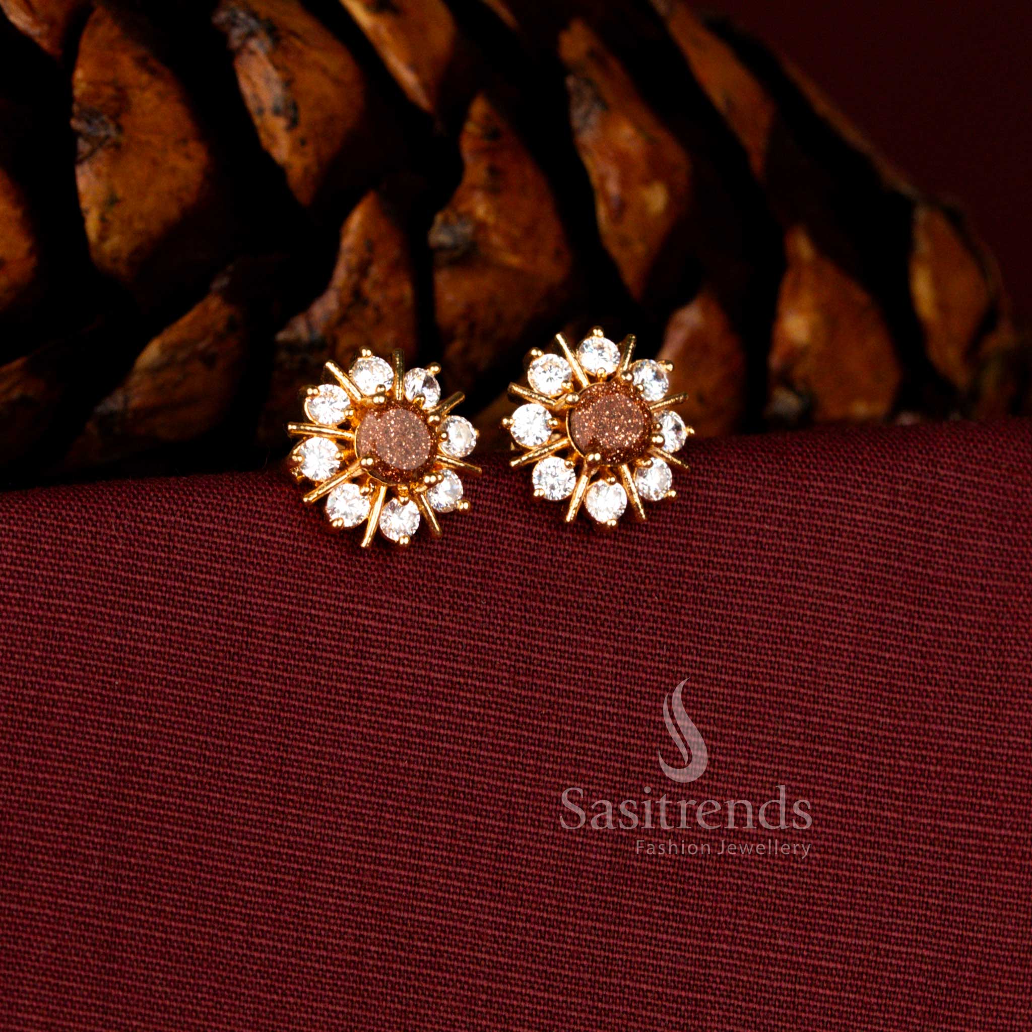 Elegant guaranteed earrings in white-brown crafted with sunburst inspired floral round motif and dazzling American diamonds for bridal occasions – Sasitrends