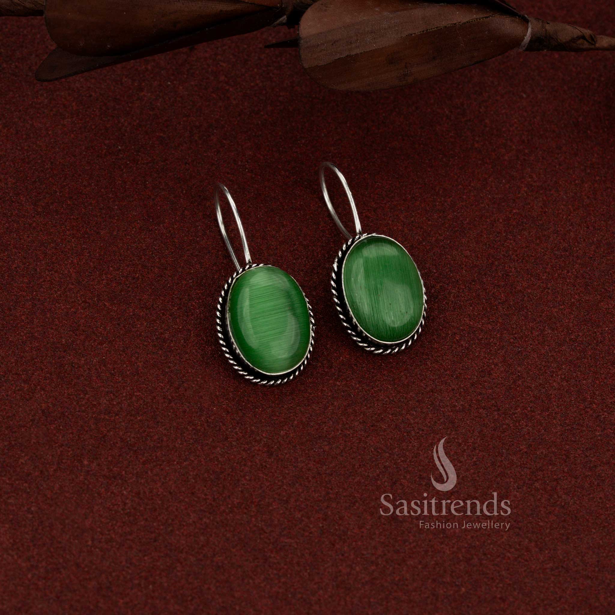 Elegant oxidised oval gem rope detail dangle earrings green perfect for professional styling and simple day outings – Sasitrends