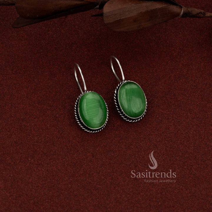 Elegant oxidised oval gem rope detail dangle earrings green perfect for professional styling and simple day outings – Sasitrends