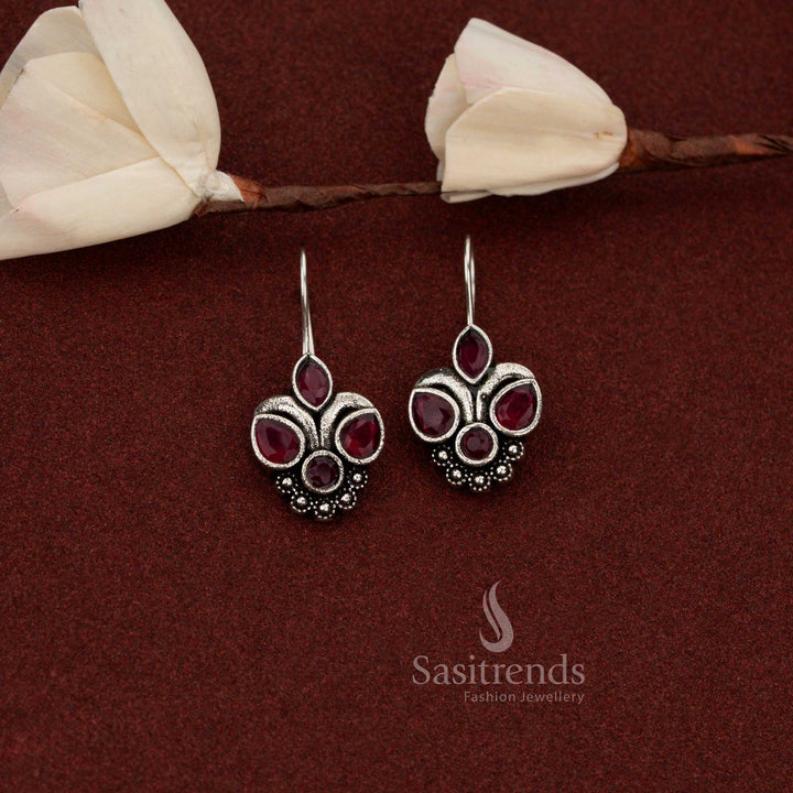Regal oxidised triple flower drop earrings with ruby tones perfect for coffee meetups and festive casual wear – Sasitrends