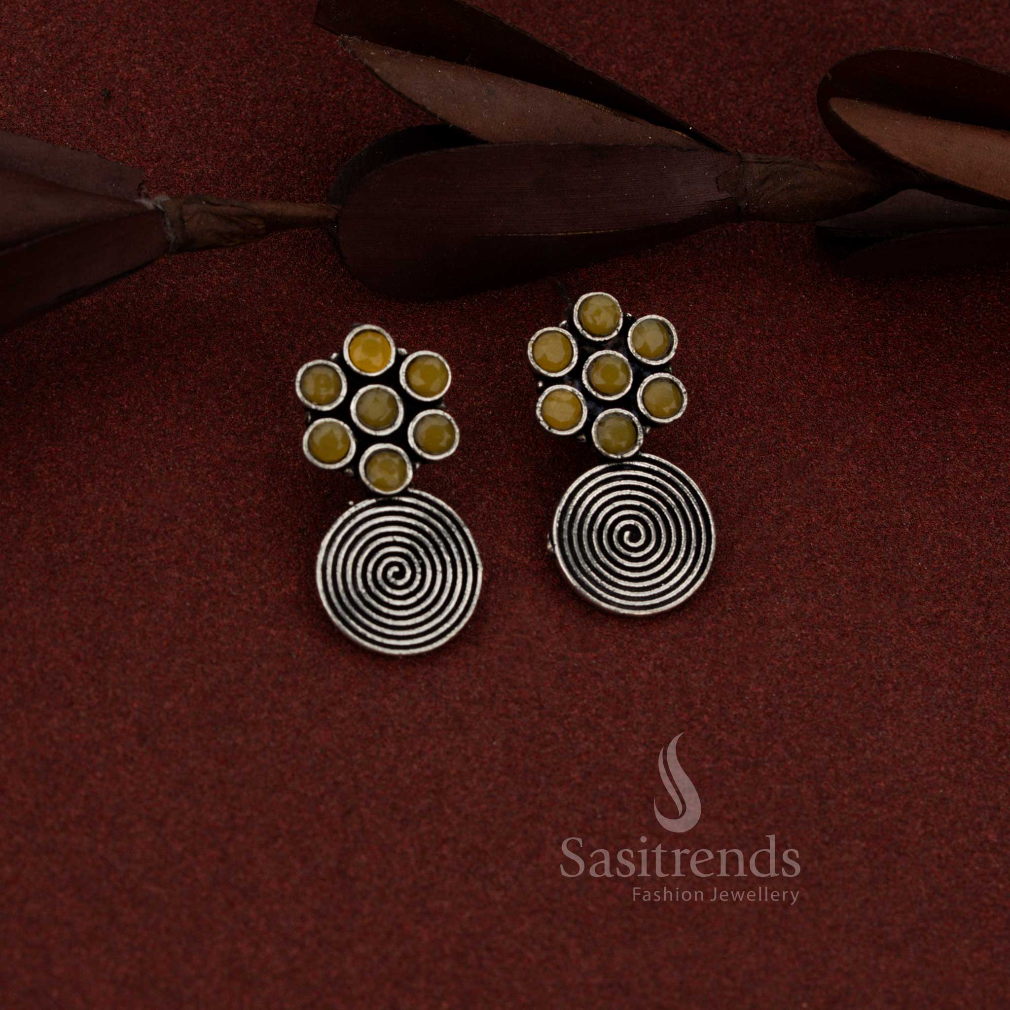 Sunlit oxidised silver floral spiral dangler earrings in yellow tone perfect for daytime outings and cheerful casual wear – Sasitrends