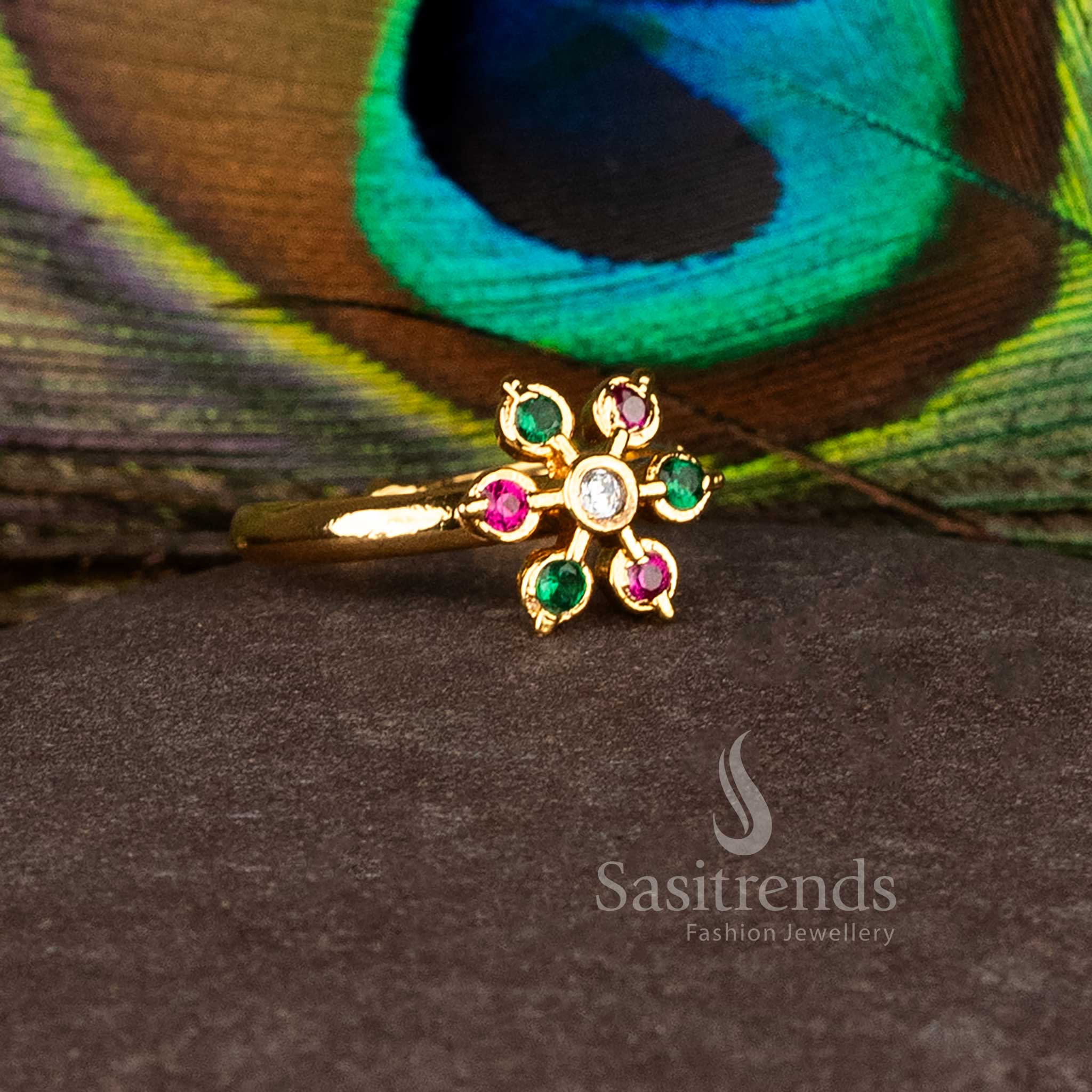 Prismatic Charm multi-color micro gold AD flower ring, crafted for grand weddings, ethnic festivals, and cultural celebration attire – Sasitrends