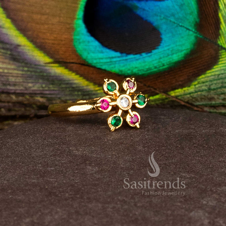 Prismatic Charm multi-color micro gold AD flower ring, crafted for grand weddings, ethnic festivals, and cultural celebration attire – Sasitrends