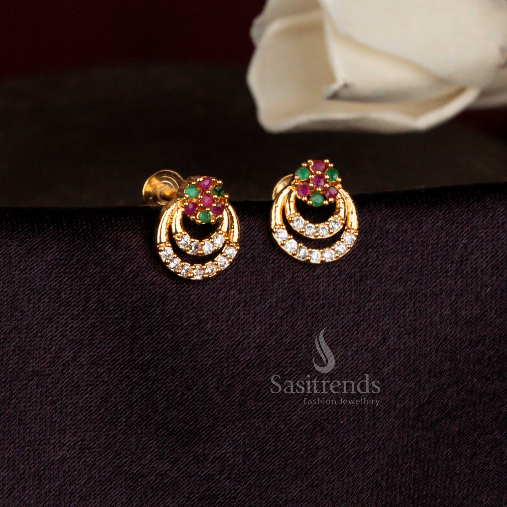 Carnival bliss multi American diamond micro gold plated floral double crescent stud earrings perfect for functions, festive gatherings, and elegant traditional styling – Sasitrends