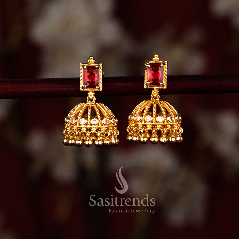 Guaranteed one gram micro gold plated traditional square stud dome jhumka earrings crafted in red tone with elegant real gold appearance – Sasitrends