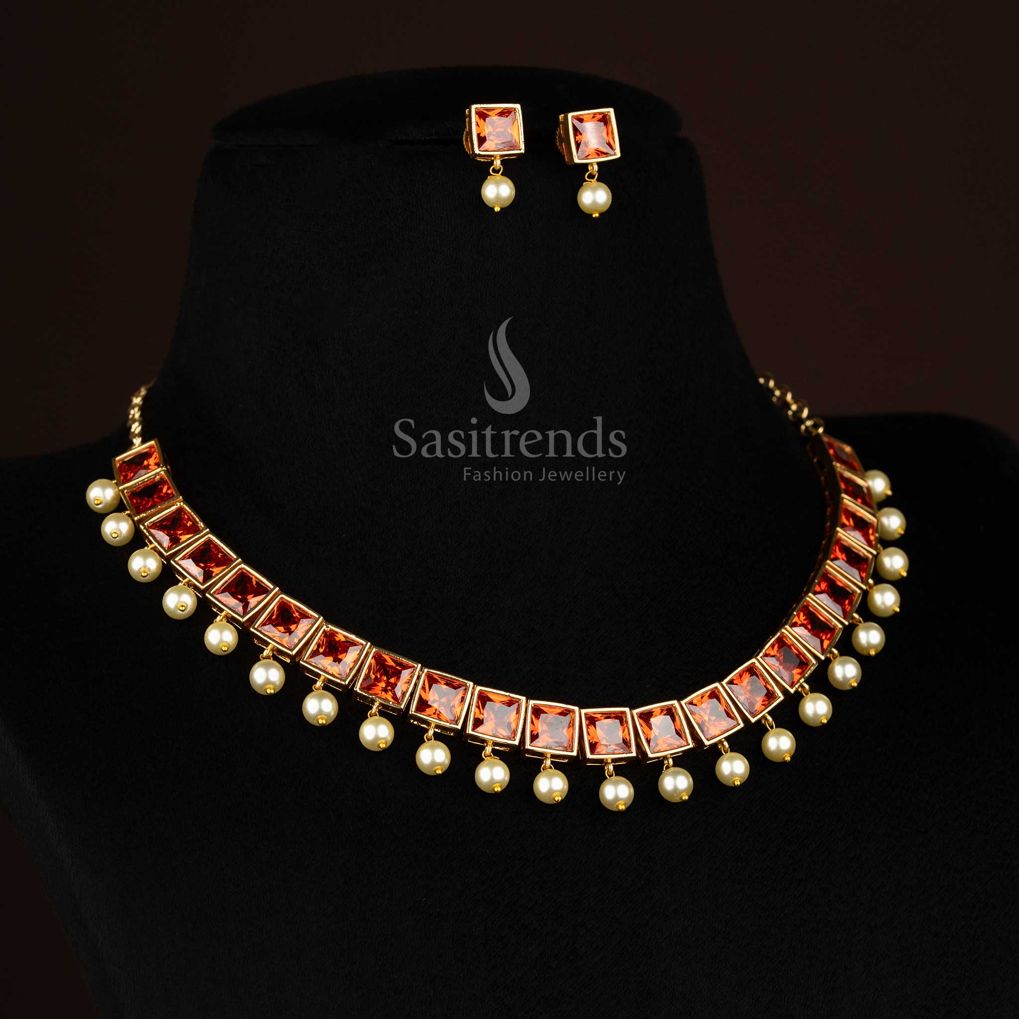 Red American Diamond Big square stone necklace set with pearl hangings suited for grand festive jewellery styling – Sasitrends