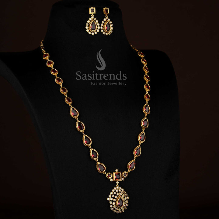 Attractive red American Diamond matte gold plated teardrop stone long necklace ideal for festive occasions - Sasitrends