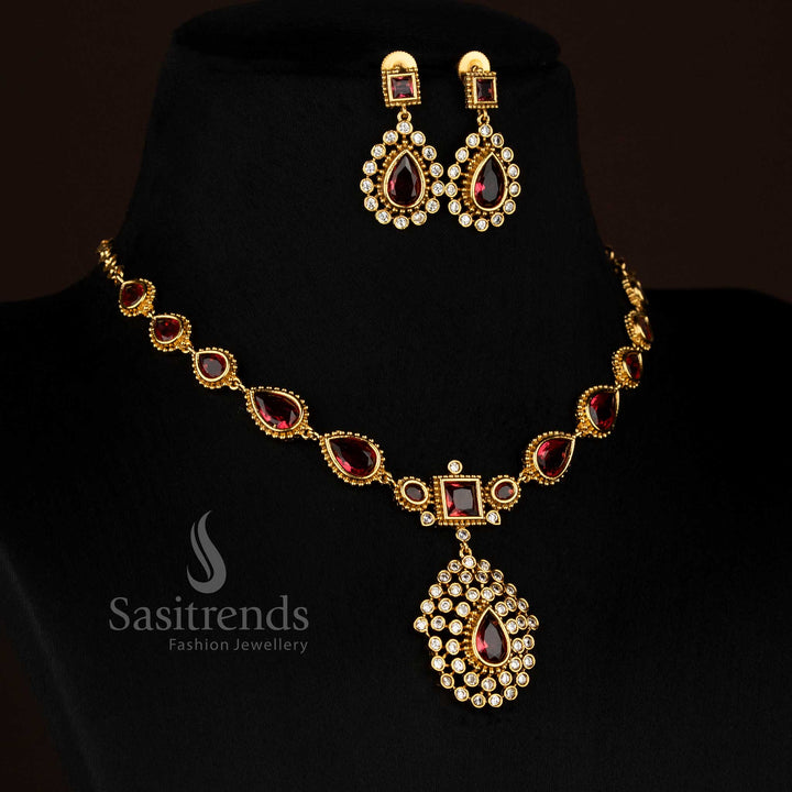 Attractive red American Diamond matte gold plated teardrop stone short necklace ideal for festive styling - Sasitrends