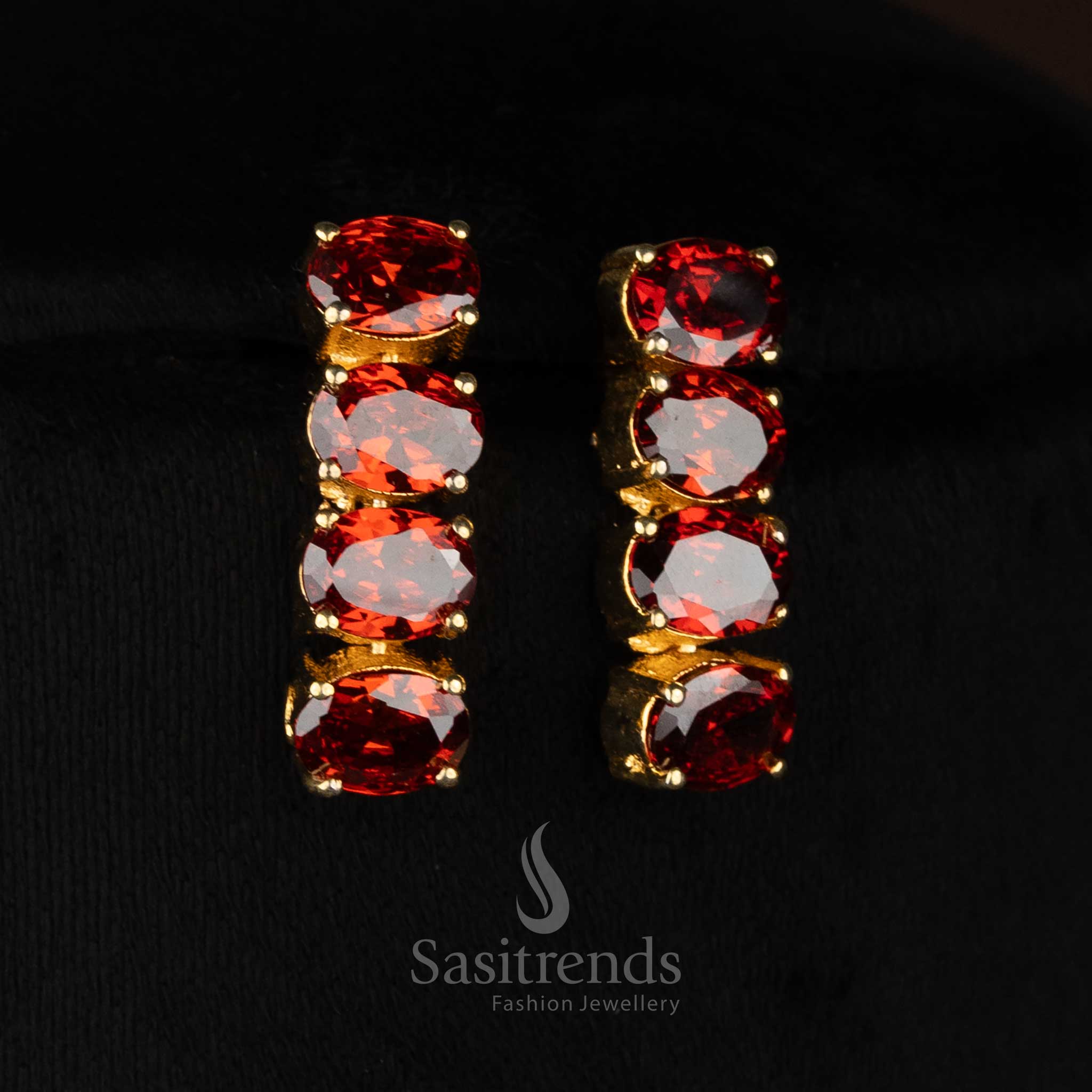Red American diamond micro gold plated oval pearl accent earrings perfect for social nights and evening events - Sasitrends