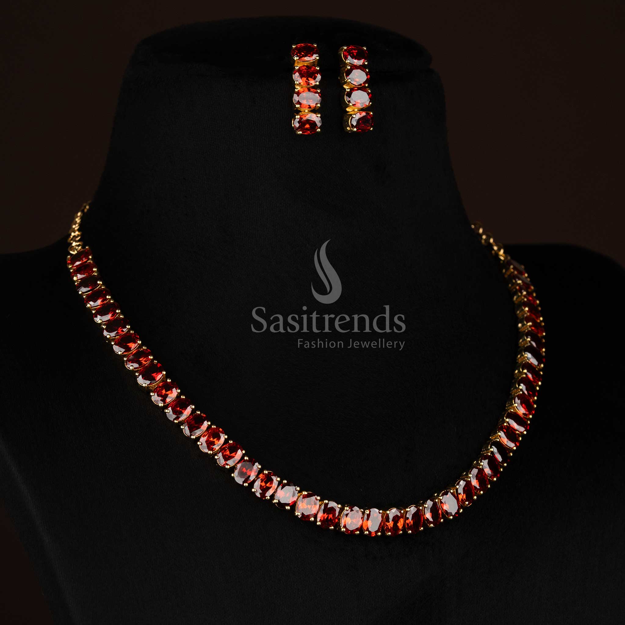 Red ScarletGlow American diamond micro gold plated oval necklace ideal for night parties and fashionable social gatherings - Sasitrends