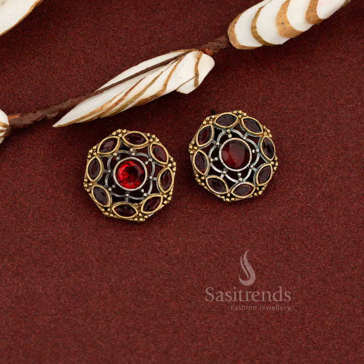 Red flare antique oxidised round lattice circle stone earrings ideal for daily wear and trendy outfit styling – Sasitrends