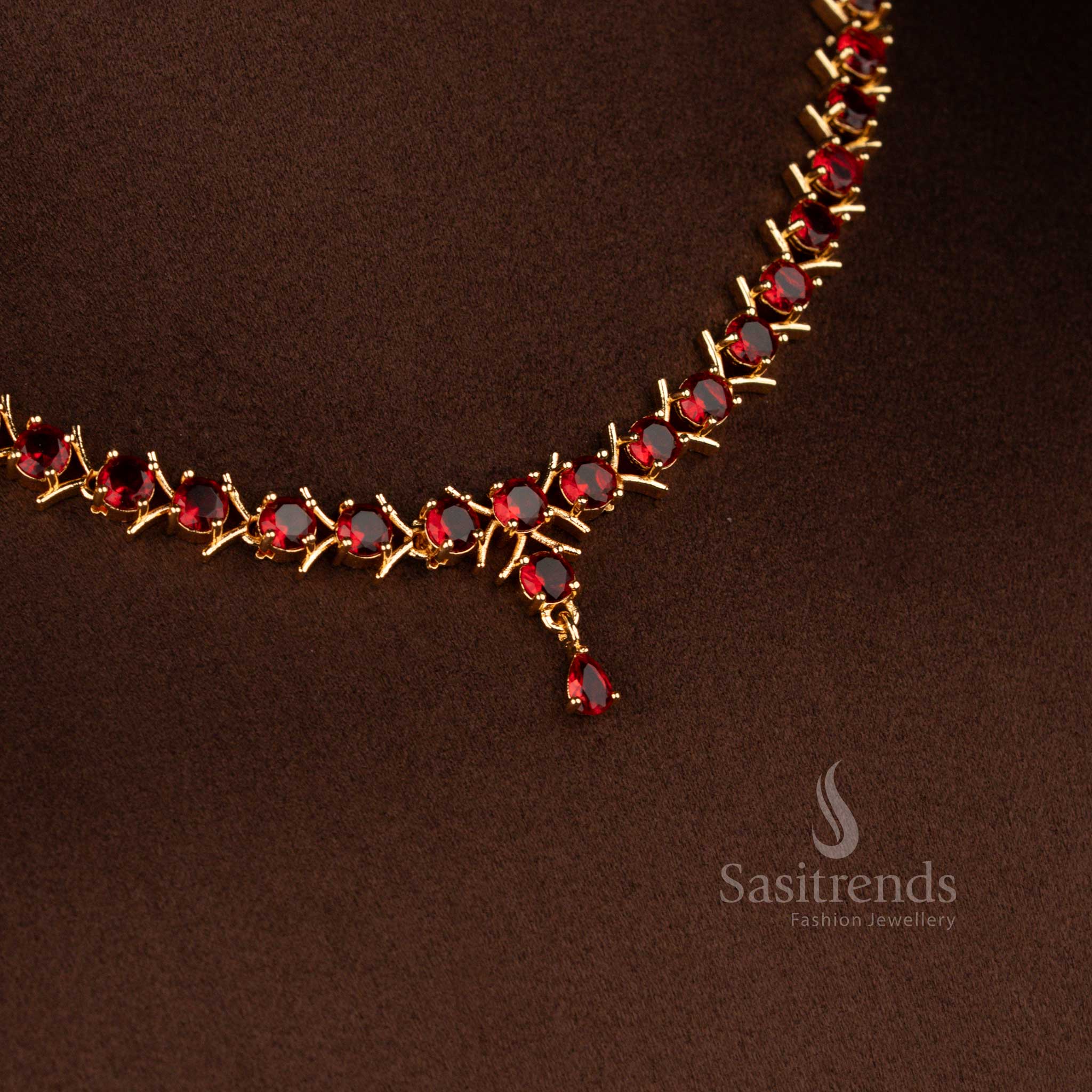 Bold red micro gold plated American diamond V-cut necklace crafted for glamorous party looks – Sasitrends