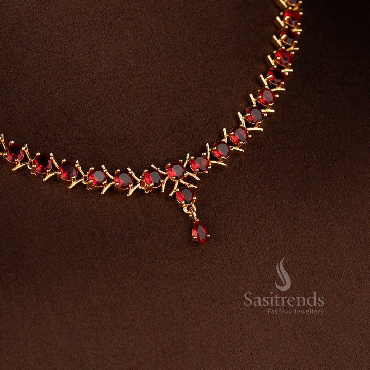 Bold red micro gold plated American diamond V-cut necklace crafted for glamorous party looks – Sasitrends