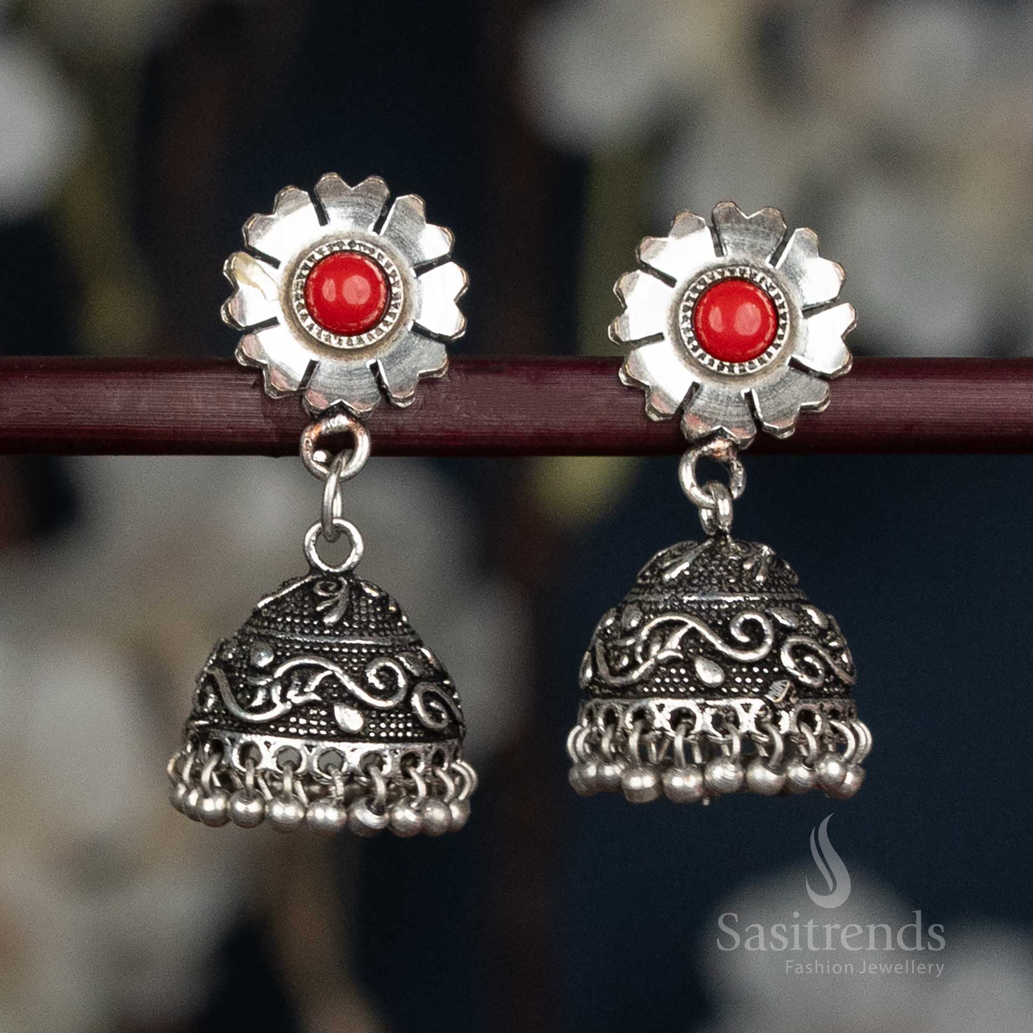 Oxidised Floral Stud Jhumka Earrings With Swirl Dome And Ball Fringe In Bold Red Colour, Royal Handcrafted Jewellery Featuring Traditional Artistry For Women’s Festive Looks – Sasitrends
