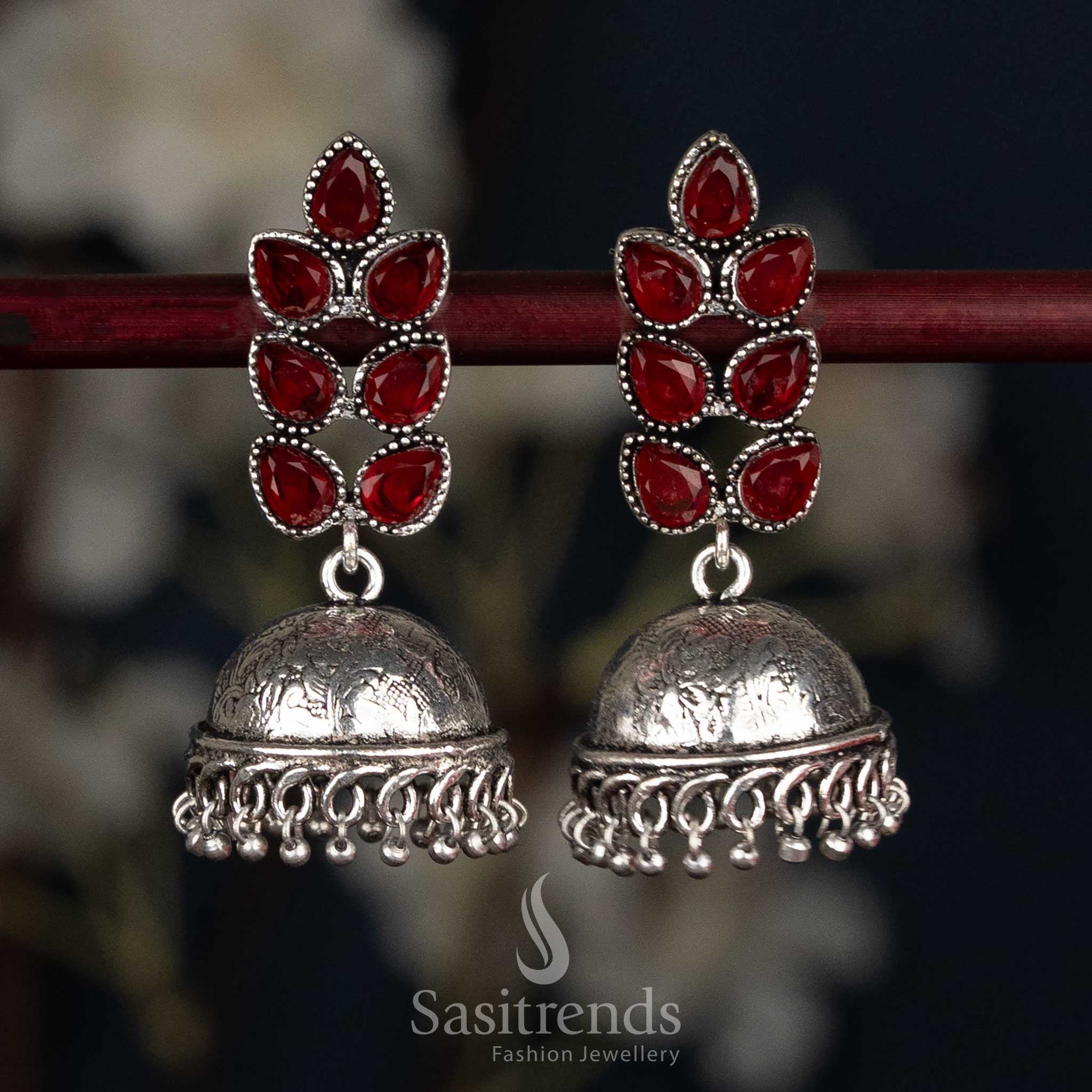 Classic red oxidised petal cluster stud jhumka earrings with textured dome for ethnic celebrations - Sasitrends