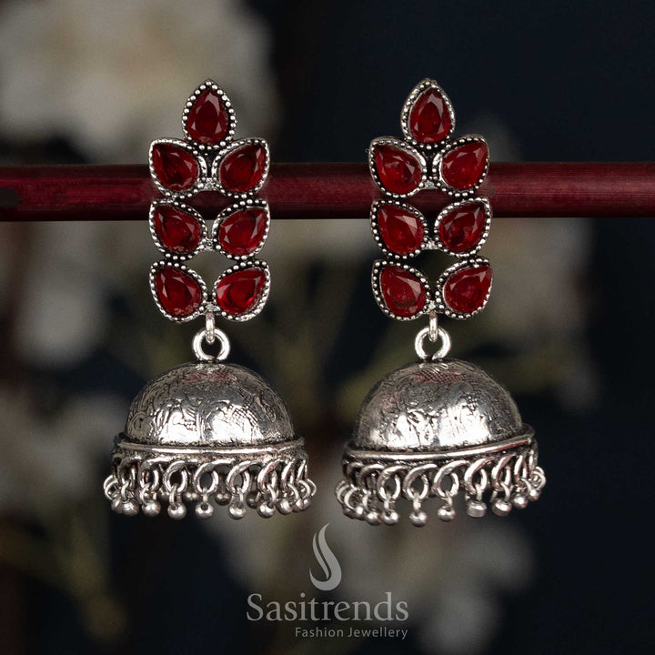 Classic red oxidised petal cluster stud jhumka earrings with textured dome for ethnic celebrations - Sasitrends