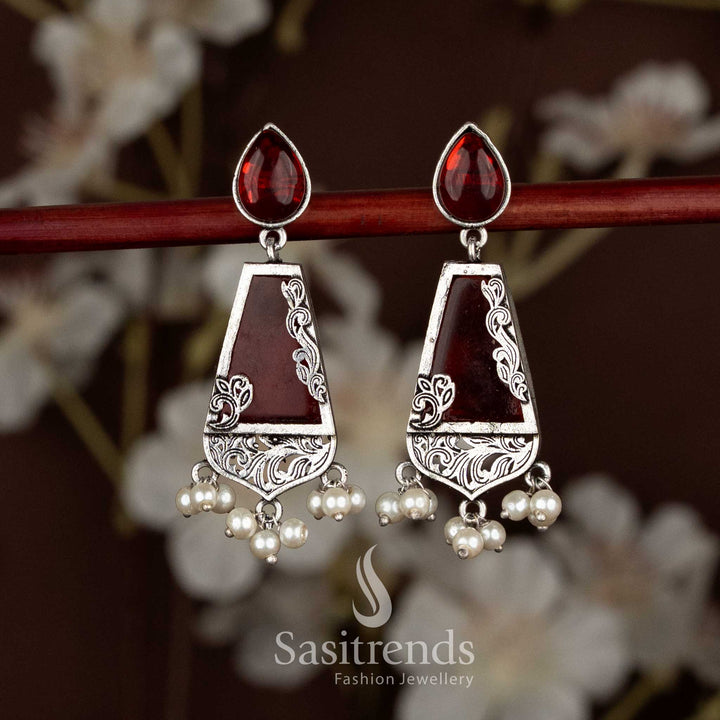 Oxidised Teardrop Stud Trapezoid-Shaped Drop Earrings – Navarathri Wear