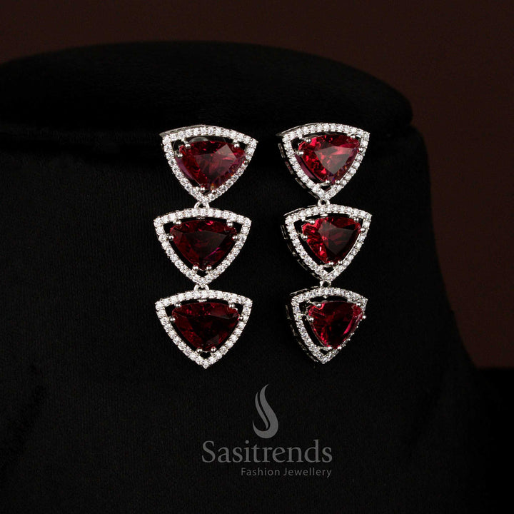 Opulent red rhodium silver triangular earrings with American Diamonds, suitable for grand weddings and special celebrations – Sasitrends