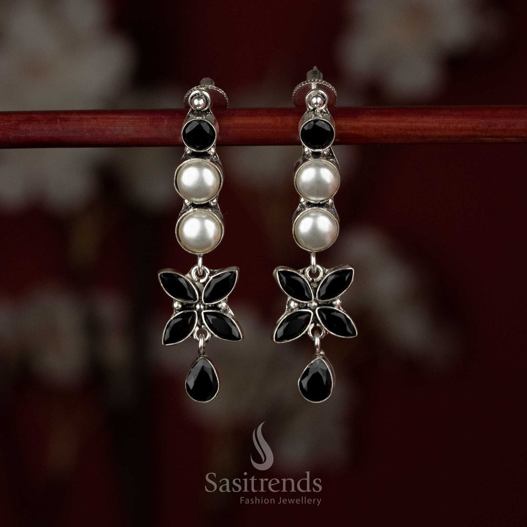Refined oxidised silver pearl-black floral line drop earrings perfect for simple professional outfits – Sasitrends