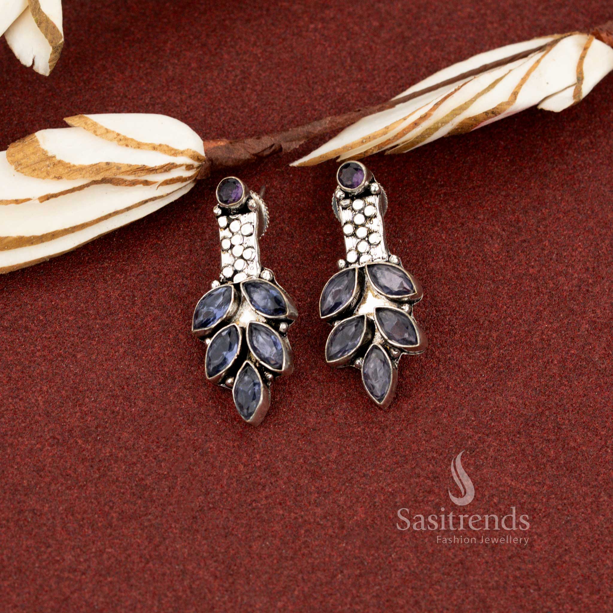Refined purple oxidised marquise leaf cluster stone earrings designed for creative office wear and stylish professionalism – Sasitrends