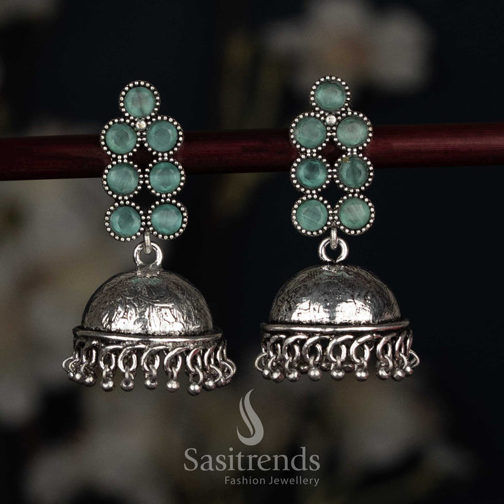 Soft oxidised round stone jhumka earrings mint colour for elegant ethnic wear Sasitrends