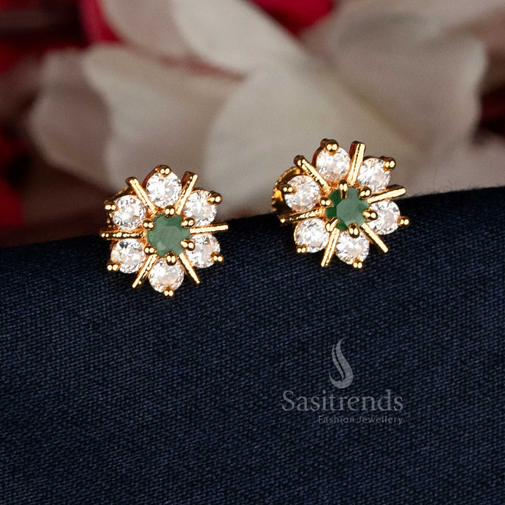 Elegant White-Green Micro Gold Plated AD Stone Flower Stud Earrings with delicate embossed detailing, designed for cultural events, weddings, and festive wear — Sasitrends