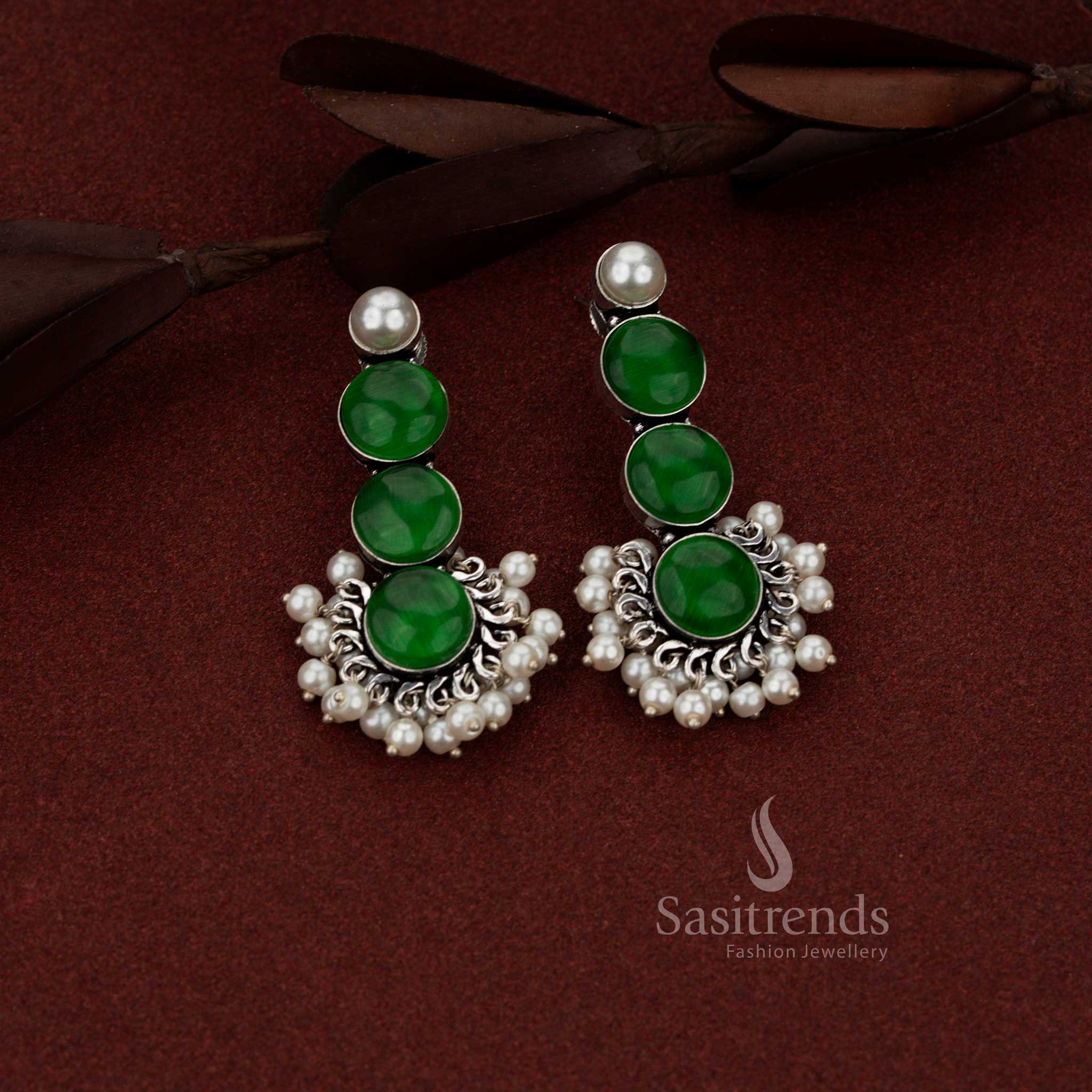Chic oxidised silver 3 tier round stone with pearl drop earrings green perfect for professional use, casual office wear and everyday charm – Sasitrends