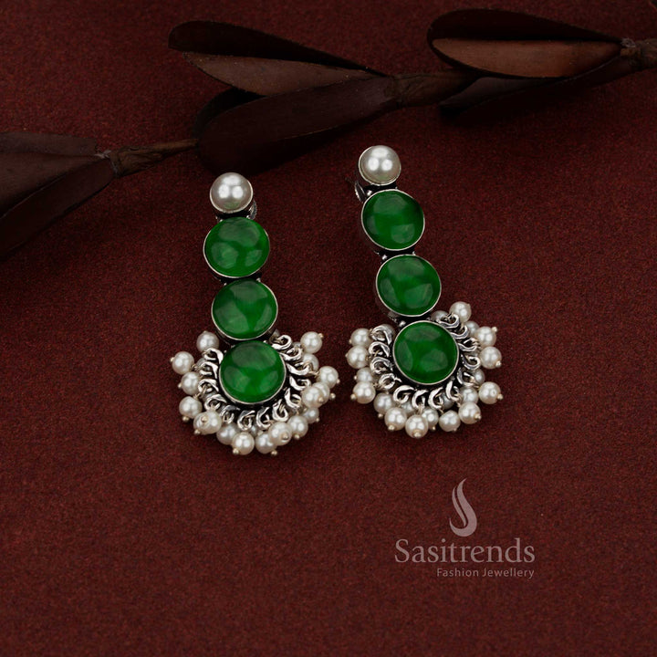 Chic oxidised silver 3 tier round stone with pearl drop earrings green perfect for professional use, casual office wear and everyday charm – Sasitrends