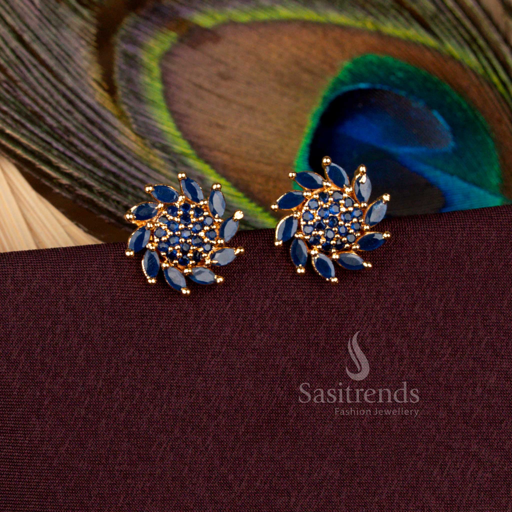 Gorgeous blue floral AD stud earrings finished in micro gold plating with a 24 carat real gold appearance, styled for cultural gatherings, ceremonial occasions, and wedding receptions - Sasitrends