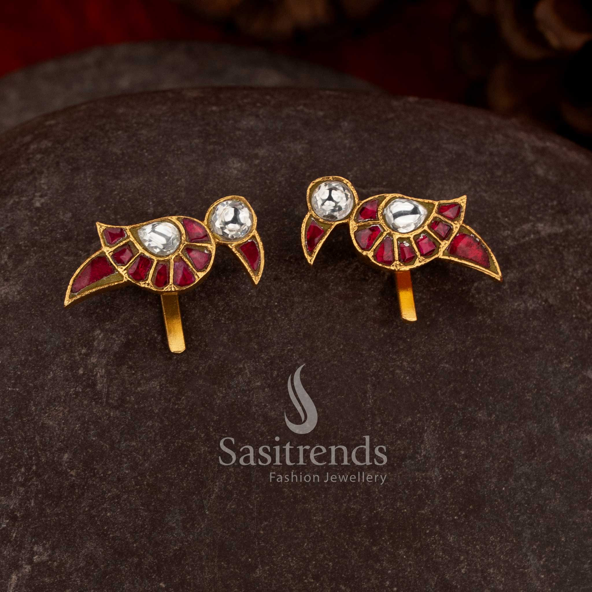 Elegant ruby white kundan jadau bugadi ear cuffs featuring parrot elegance for cultural wear - Sasitrends