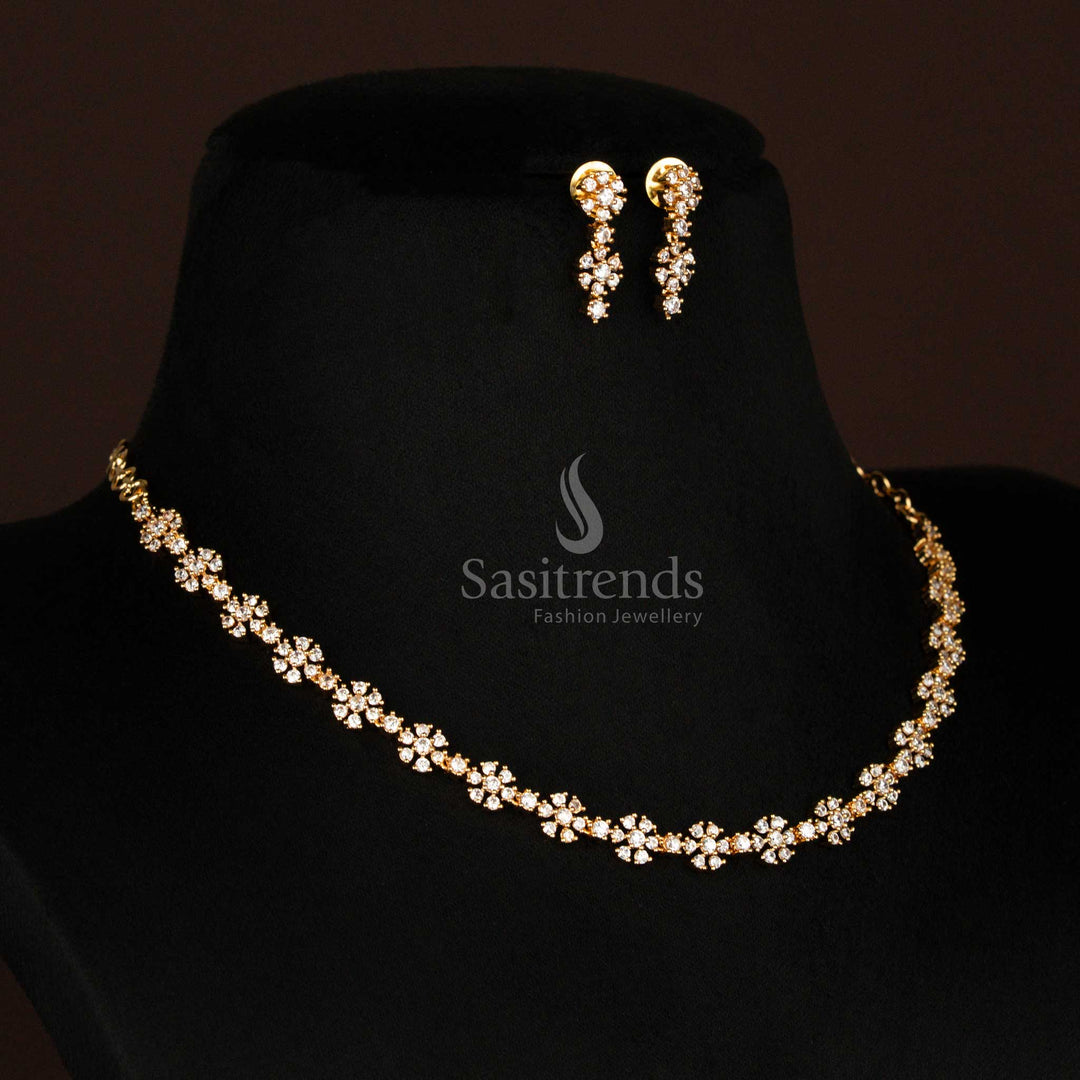 Elegant floral motif American Diamond stone necklace set with matching earrings, micro gold plated in one gram finish – traditional jewellery by Sasitrends for festive and bridal occasions