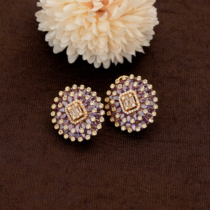 Luxurious Purple hued stone earrings with intricate floral craftsmanship and bright American diamond highlights perfect for royal themed occasions – Sasitrends